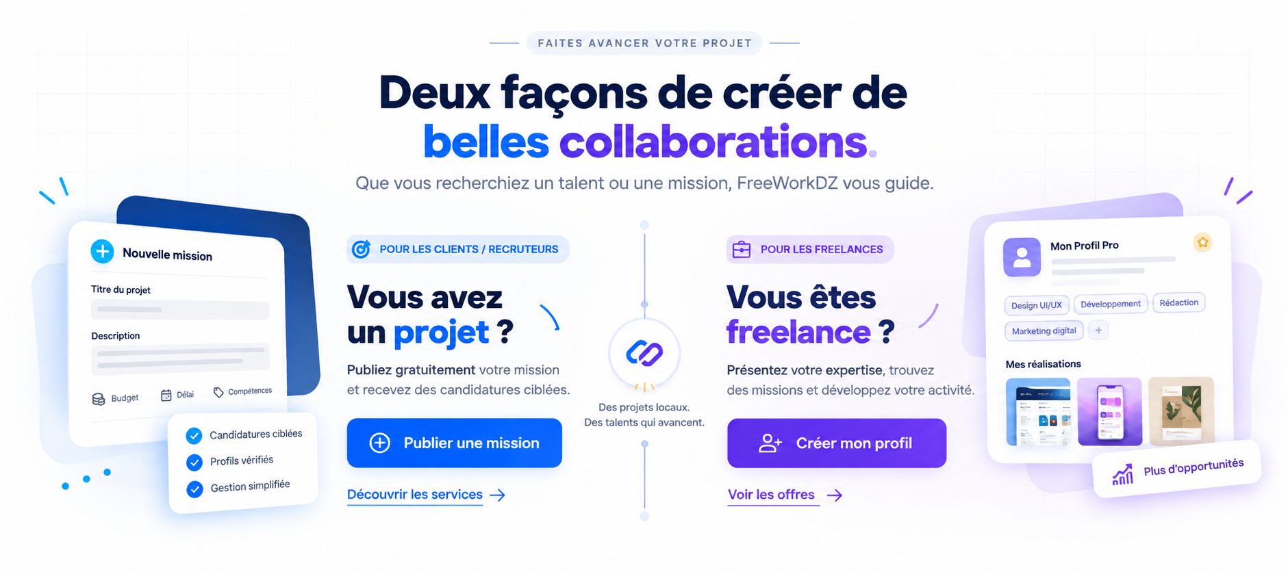 Deux façons de créer de belles collaborations : publier une mission ou créer son profil freelancer.