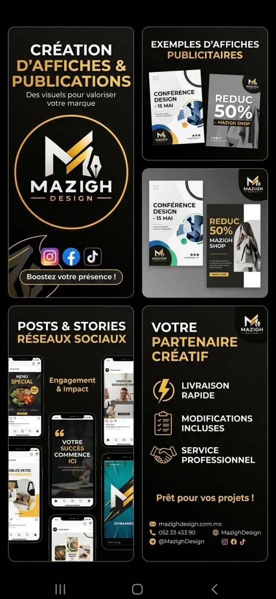 Je vais créer des affiches publicitaires et des publications professionnelles pour vos réseaux sociaux