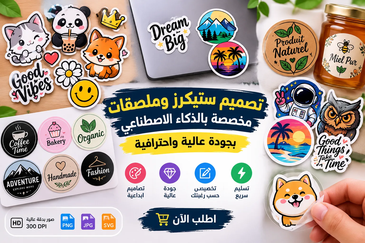 تصميم ستيكرز وملصقات مخصصة بالذكاء الاصطناعي بجودة عالية واحترافية