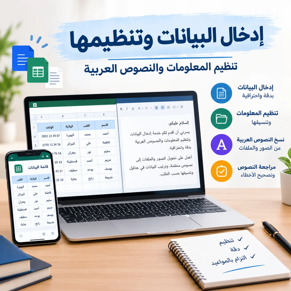 إدخال البيانات وتنظيم المعلومات والنصوص العربية