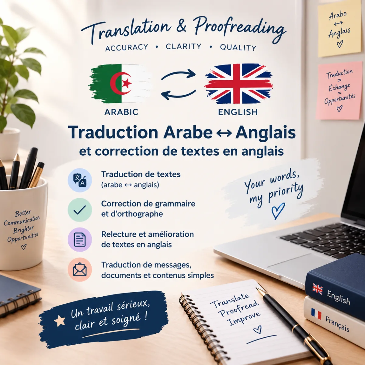 Je rends vos textes clairs et naturels en arabe et en anglais