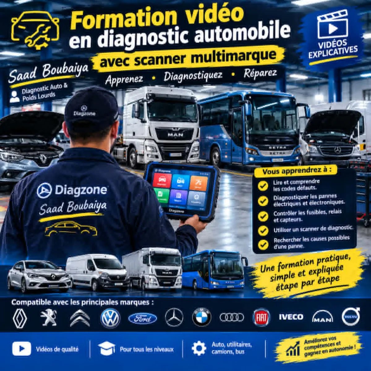 Je propose des vidéos pédagogiques sur le diagnostic des pannes de voitures et de camions, à l'aide d'un scanner multimarque.