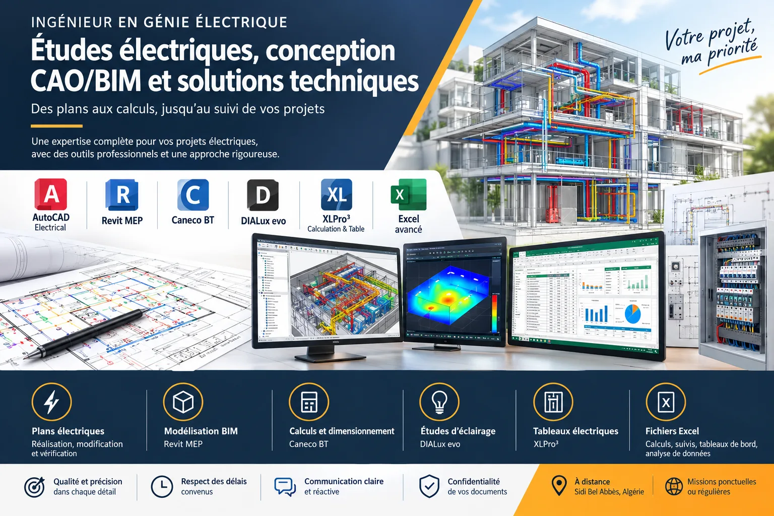 Études électriques, conception et solutions techniques sur AutoCAD, Revit MEP, Caneco BT, DIALux evo